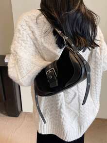 复古甜美酷辣妹机车腋下包小众质感新月包金属空气眼斜挎包手提包四季百搭通勤女包 - 黑色 - 查看 6