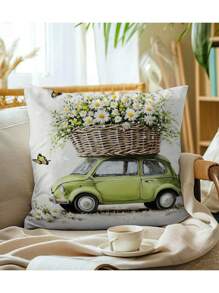 4pcs Farmhouse Style Polyester Pillow Covers, 17.72" X 17.72", Machine Washable With Zipper, Decorative Throw Pillow Cases Featuring Bicycle, Car And Floral Patterns, Suitable For Living Room Sofa Decor, Comfortable Whimsical Design, 100% Polyester (Pillow Insert Not Included)