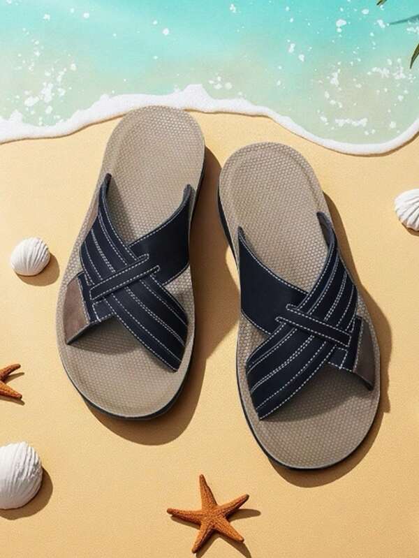 2025 New Men's Color Block Handmade Sandals, Crossed Strap Upper, Breathable Non-Slip Lightweight Beach Outdoor Slides, Breathable Casual Street Fashion Slippers