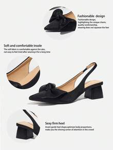 女士蝴蝶结装饰粗跟尖头套脚高跟鞋，优雅百搭，适合日常穿着、户外活动、通勤、派对、正式场合，舒适的黑色缎面高跟鞋，适合圣诞节、音乐节、母亲节等场合。 - 黑色 - 查看 11