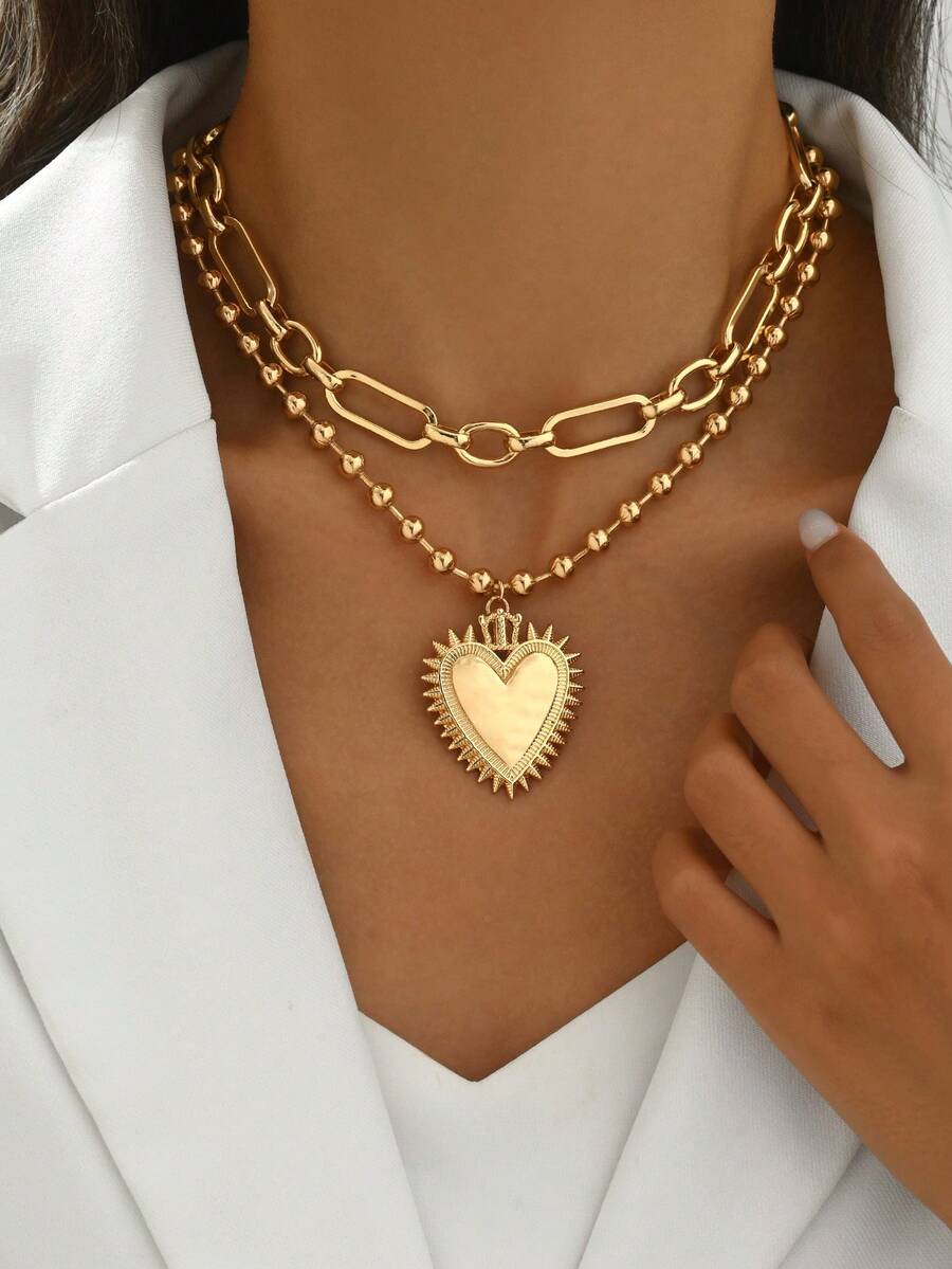 2pcs/Set Minimalist Rugged Heart Shaped Pendant Necklace, Fashion Handmade Chain Necklace For Women Clavicle, Classic Jewelry Luxury Accessories, Gift For Friends, Adjustable Length - Multicolor - View 1