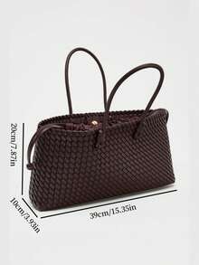 [Women's Shoulder Bag] WOVEN TOTE BAG, Fashionable Top Handle Bag, Solid Color Simple Shoulder Bag, Women's Handbags Luxury Design For Everyday Style - Burgundy - View 5