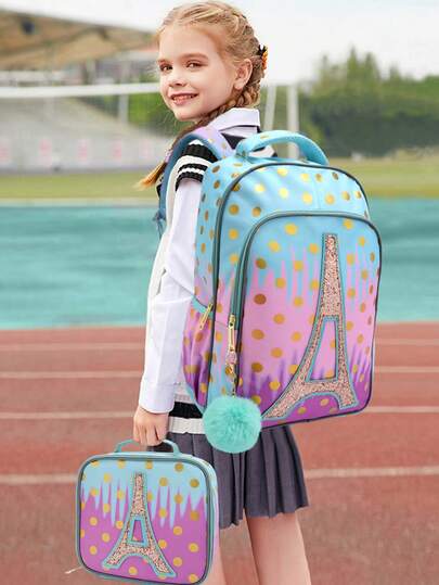BLING BABIES 3件套女童背包，粉色、绿色和金色卡通塔设计，可爱多彩，适合小学生，配有午餐盒和铅笔盒，带夜光功能