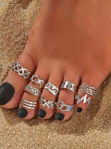 10 件套波西米亚海滩风格几何镂空图案脚环，派对和节日礼物 - 銀色 - 查看 1