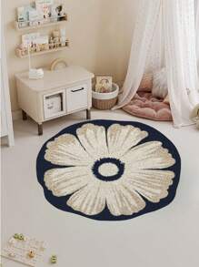 1pc Premium Round Cream Floral Rug, Asymmetrical Shape Carpet For Living Room, Bedroom, Sofa, Coffee Table, Vanity, Soft & Comfortable, Lightweight & Easy To Clean, Home Decor