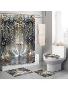 1 pièce/4 pièces Rideau de douche décoratif avec cygne gris sur scène, avec crochets multiples. Ensemble de salle de bain comprenant le rideau de douche, le tapis de sol antidérapant, le tapis en U pour toilette, le tapis de couvercle de toilette, la décoration de chambre, la décoration de la maison, la décoration et les accessoires de salle de bain, un cadeau parfait pour la rentrée scolaire