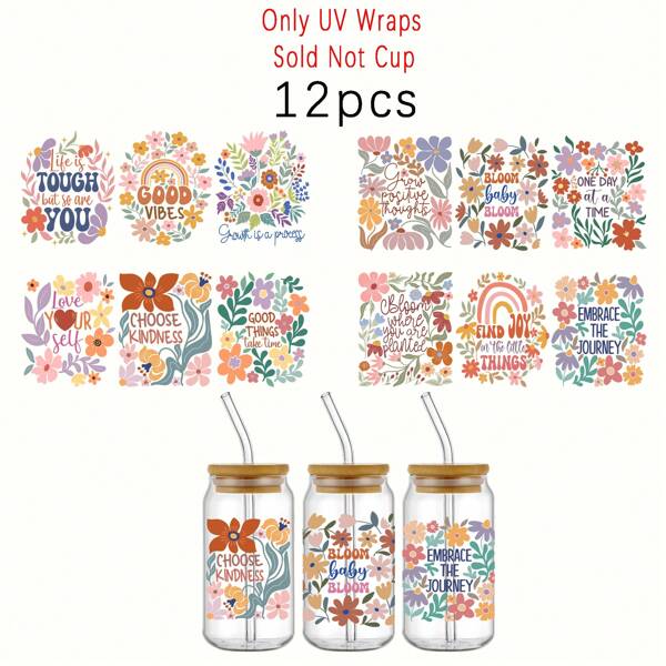 Set Of 12 Inspirational Boho Floral Vinyl Transfer Stickers For 16Oz Glass Can - Motivational Quotes And Flower Decals For Coffee Mugs And Tumbler Cups - UV DTF Adhesive Decorative Wraps - Craft Paper Stick-On Labels