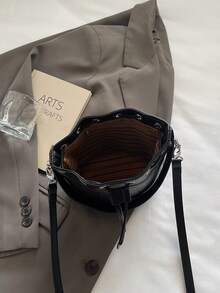 女士水桶包，时尚休闲编织单肩包，抽绳小手提包 - 黑色 - 查看 4