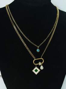 1 pièce Collier en acier au titane à deux couches incrusté de cristal de forme de losange rétro haut de gamme, chaîne de collier pour femmes, convenant pour un port quotidien et des fêtes, ne se décolorera pas