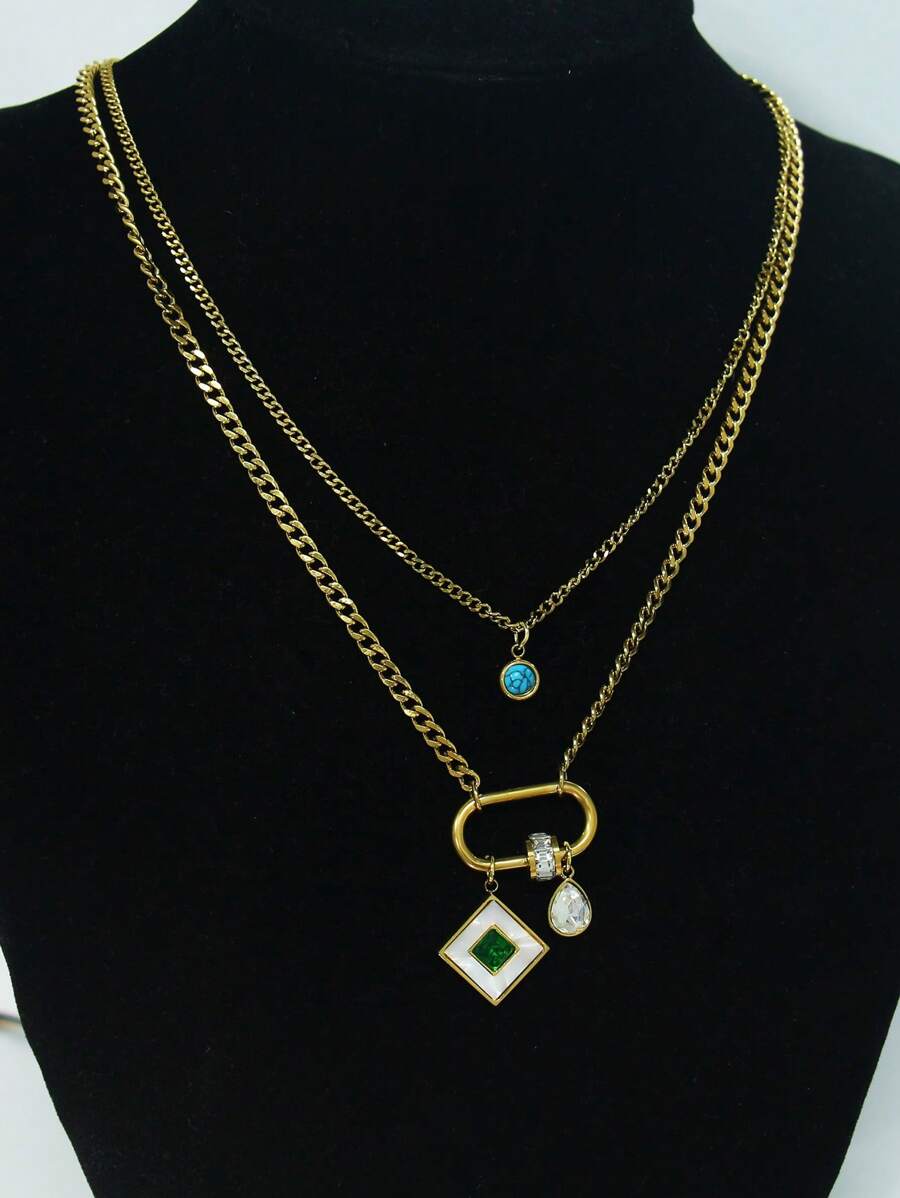 1 pièce Collier en acier au titane à deux couches incrusté de cristal de forme de losange rétro haut de gamme, chaîne de collier pour femmes, convenant pour un port quotidien et des fêtes, ne se décolorera pas
