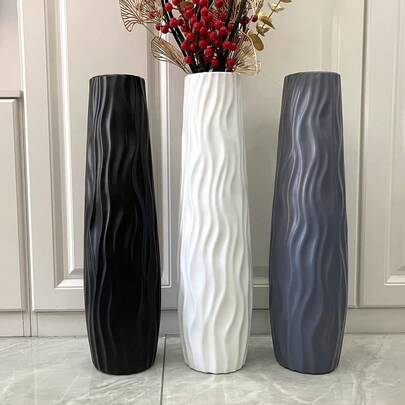 2pcs Modern Striped Plastic Extra Large Center Cylinder Vases, Suitable For Living Room Decor Wave Pattern Floor Vases, Home Decor, Chinese Style Ornaments, Suitable For Kitchen, Living Room, Bedroom, Beautiful Room Decoration Tabletop Vase, Artificial Flower Vase, Fresh/Dried Flower Vase, Suitable For Home Decor