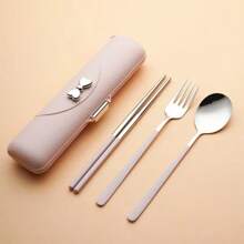 1pc Portable Bowknot Design Cutlery Set - 3pcs Stainless Steel Utensils With Plastic Handles, Including Spoon, Fork, Chopsticks And Storage Box - Stylish Travel Cutlery Set