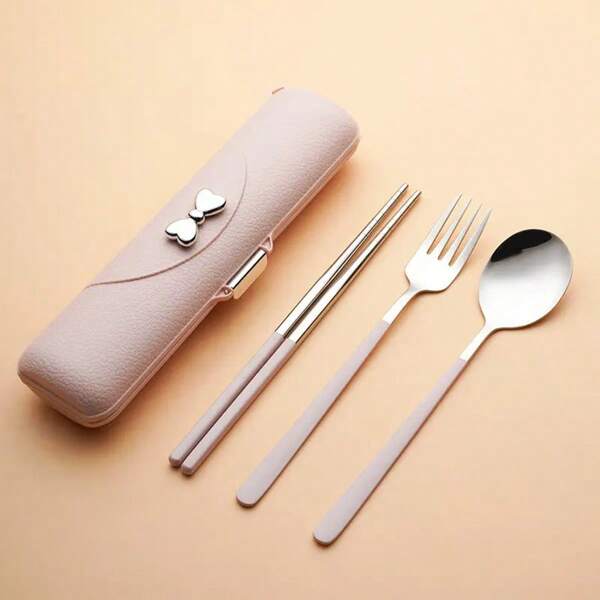 1pc Portable Bow Tie Design Cutlery Set - 3pcs Stainless Steel Utensils With Plastic Handles, Including Spoon, Fork, Chopsticks And Storage Box - Stylish Travel Cutlery Set