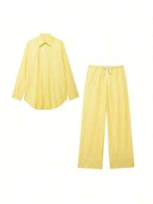 Ensemble chemise ample à rayures à manches longues avec épaules tombantes et unique boutonnage, et pantalon large style français décontracté, pour le printemps et l'été, DEEKA, couleur jaune papillon