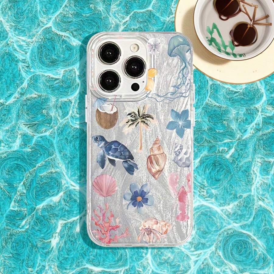 1pc Coconut, Ocean, Turtle, Seaweed, Beach Themed Creative, Minimalist, Fresh Coral Printed Gradient Feather, Laser Shiny Silver Phone Case Compatible With Samsung/Compatible With OPPO/Compatible With VIVO/Compatible With Honor//Compatible With Redmi/Transsion Phones