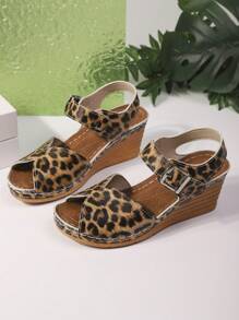 1 Par de Sandálias Plataforma Anabela Estampadas de Leopardo Impermeáveis, Estilo Verão Novo, Versátil para Adolescentes Meninas