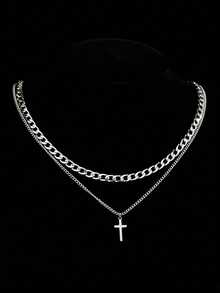 2 件男士项链套装，双层简约矩形吊坠颈链，圣诞节、新年、情人节节日礼物 - 銀色 - 查看 14