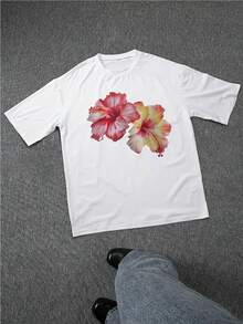 Men's Casual Floral Print TShirt With Vibrant Hibiscus Flower Design,Comfortable Cotton Blend Tee For Summer,Stylish Graphic Top For Everyday Wear Perfect Gift For Him,Unique Artistic Floral Tee For Men,Summer Holiday Essential TShirt. - 白色 - 查看 2