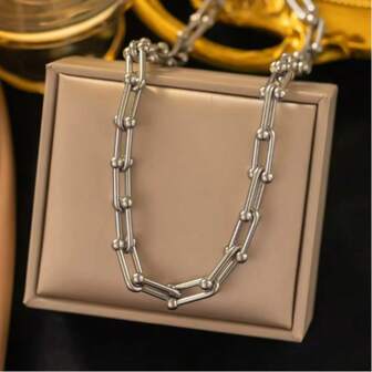VKHK 1pc Punk Style 18K Gold Plated Stainless Steel Horseshoe Chain Necklace, Suitable For Men And Women Daily Wear, Gift