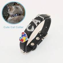 Colour Blocking Heart With Diamonds And Letters Cute Cat Collar PU Leather Pet Collar, Multiple Sizes, Simple Flat Collar, Multi-Colour, Suitable For Cats & Dogs