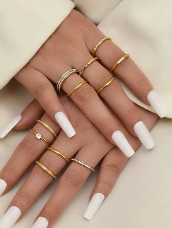 5/6/11pcs Fashionable & Elegant Stainless Steel Ring Set, 18k Gold Plated, Bead Decor Diamond, Suitable For Women's Daily Wear, Can Be Matched With Holiday, Date, Wedding Jewelry Gifts