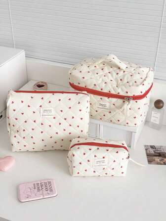 1 Pezzo/Set Borsa per cosmetici stile ins con cuore rosso e nastro, grande capacità, leggera, per viaggio, per rossetto, pennelli, cosmetici, telefono cellulare, monete e piccoli articoli, per uso domestico, viaggi, vacanze e scuola, borsa trucco, custodia cosmetici, articoli da toeletta, accessori da viaggio, articoli da crociera, articoli per il dormitorio, regali per damigelle, regali per mamma, regali di compleanno, regali per amici e insegnanti