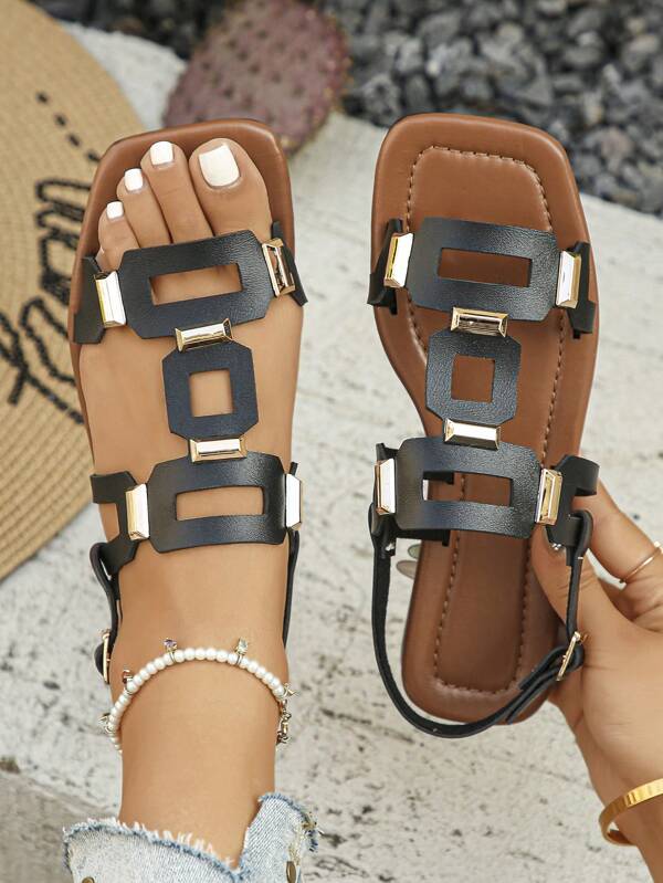 Women's Bohemian Criss-Cross PU Leather Hollow-Out Digit Buckle Flat Sandals, Suitable For Beach, Wedding, Party, Office, Home, All Season