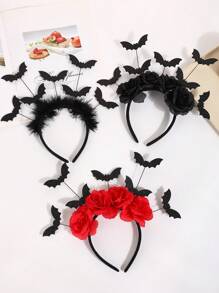 Bandă de păr cu liliac din 7 piese pentru Halloween, costum de coafură cu flori negre, recuzită pentru sărbătoare în parc, poliester imprimat cu trandafiri, accesorii cu funde, accesorii de Halloween, accesorii de păr