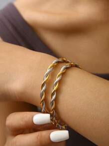 TONSI 1pc Elegant Charming Minimalist Chic Stainless Steel 18K Gold Plated Spiral Twist Bangle Bracelet, Suitable For Summer, Workday, Party, Women Jewelry