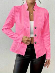 Women's Casual Stretch Polyester-Blend Single-Breasted Long Sleeve Jacket, Regular Fit Unlined Lightweight Knit For Spring & Fall, Solid Color Versatile Outerwear - Pink - View 3