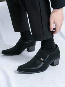 Men's Formal Pointed Toe High Heel Leather Dress Shoes, Minimalist Design - Black - View 5