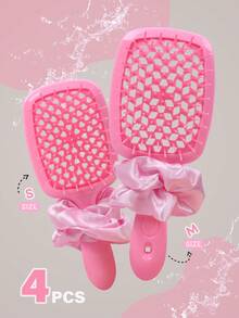 四件套美发造型梳套装 - 空心梳、顺发梳、粉色发圈、蓬松梳、卷发梳，干湿两用，不打结，返校必备，旅行必备，女士美发配件，梳子，梳子套装，边缘梳，梳子套装，梳子，迷你梳，顺发梳，护发产品，美发工具，美发配件，护发，卷发梳，发型师，美发造型工具，旅行必备，发型，护发