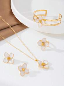 1 Stück romantisches, zierliches Resort-Stil Weißes Öltropfen Vierblatt Blume Anhänger Halskette, 1 Paar Ohrringe, 1 Ring, 1 Armband, Schmuckset für Frauen geeignet für Dates/Alltag