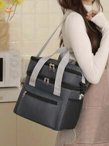 1pc Black, Gray, Burgundy, Navy Blue Thickened New Double-Layer Lunch Box Bag, Insulation Bag, Outdoor Picnic Preservation, Crossbody Ice Bag, Multifunctional Waterproof Lunch Bag