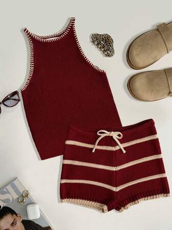 2 件女士酒红色精致针织紧身连衣裙，优雅浪漫的夏季海滩装，毕业典礼，独立日