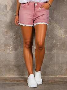 Lace Trim Hem Washed Denim Shorts - Pink - View 1