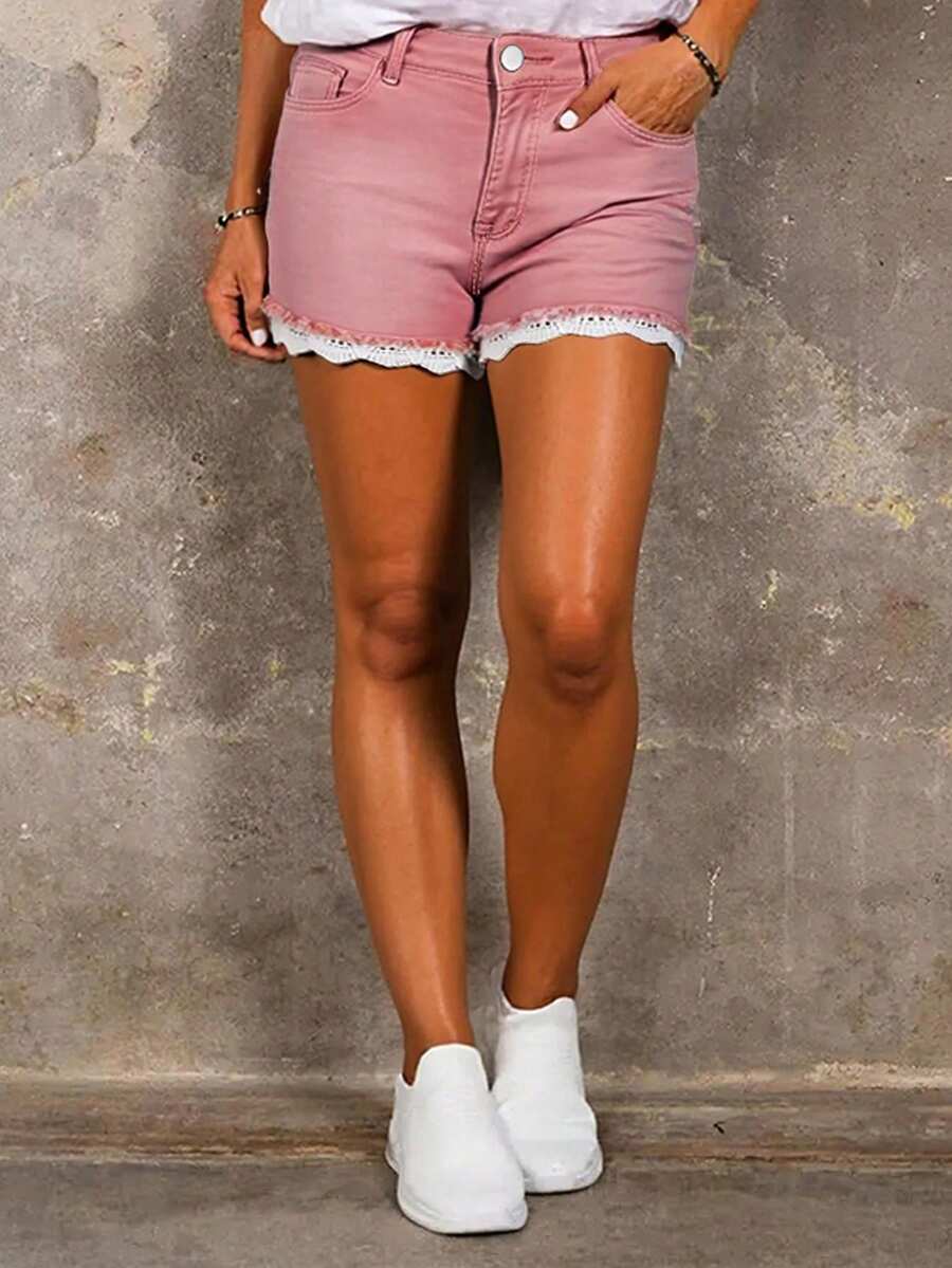 Lace Trim Hem Washed Denim Shorts - Pink - View 1