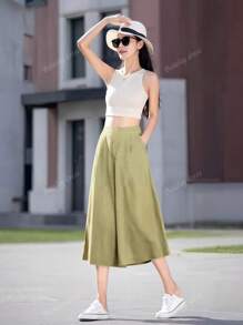 Pantalones capri de pierna ancha y holgados con bolsillo y unicolor para mujer, aptos para uso diario, casual, al aire libre y vacaciones