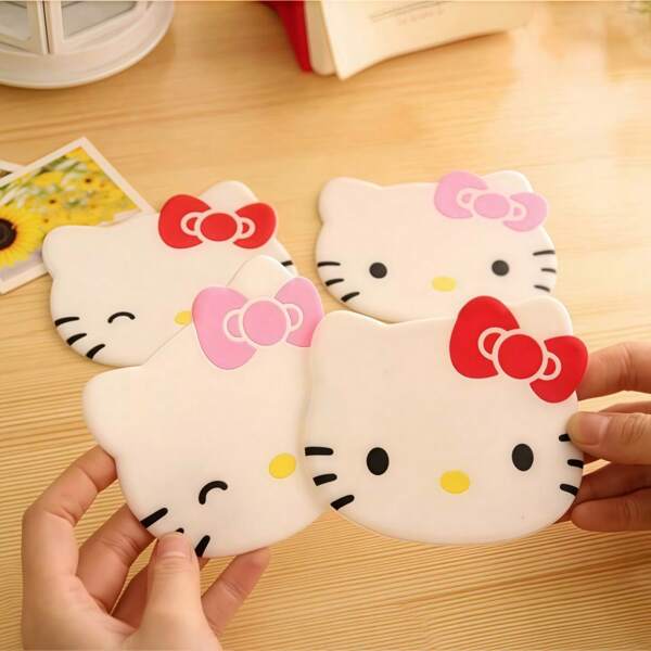 Sanrio 4pcs Hello Kitty Cartoon Cup Coasters, Heatproof Cup Mat, Cute Pink Cat Coaster, Anti-Slip (Mixed Styles)