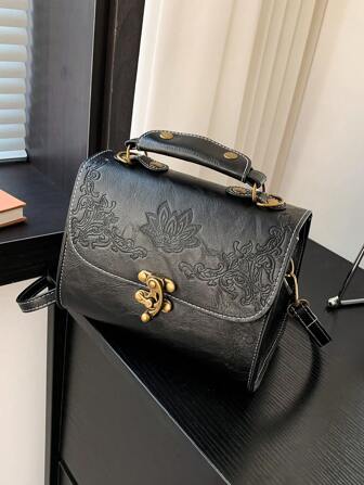 1pc Embossed PU Leather Handbag With Fashion Hardware Lock Design, Chic Tote & Crossbody Bag