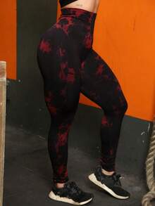 Tie Dye Yoga Leggings, Seamless Butt Lifting Leggings. - Black W/red - View 4