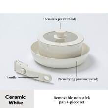 Juego de 4/6 piezas de utensilios de cocina de cerámica antiadherentes, saludables, con olla y asa desmontable, apto para caravanas, resistente a la suciedad y los arañazos, apto para lavavajillas/horno, incluye sartén, olla de sopa, tapa y asa desmontable, color blanco crema.