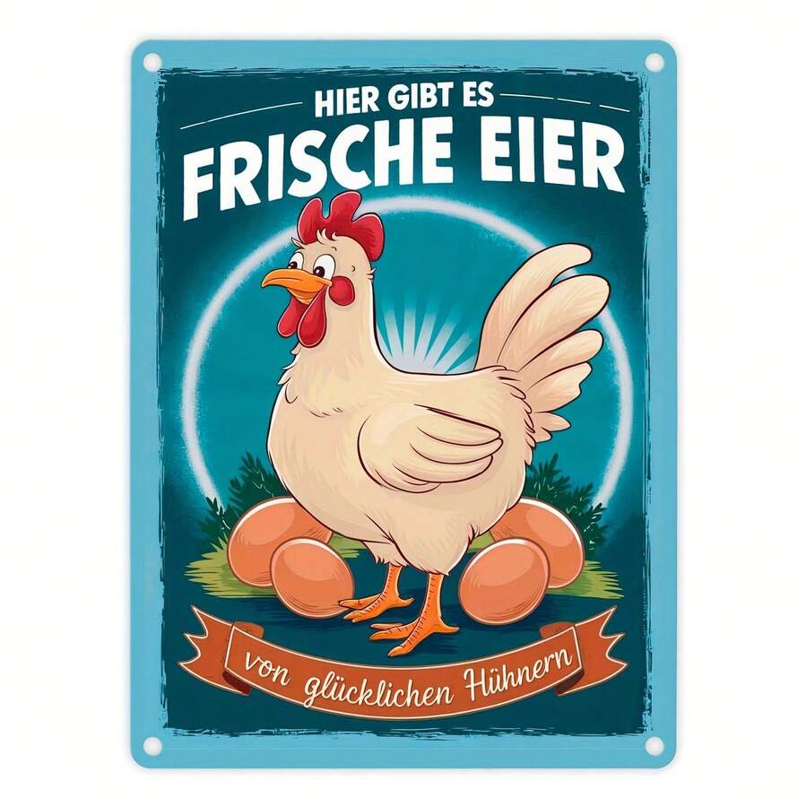 Happy Chicken Fresh Eggs - 8"*12"Metal Sign In German, Perfect For Home, Office, Cafe & Restaurant Decor, Easy Wall Mount - Multicolor - View 1