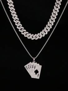 2pcs Alloy Poker Card Men's Necklace Set, Hip-Hop Style Versatile, Suitable For Daily Wear, Party, Gift For Friends