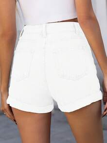 Mobula Sound Y2K 休闲度假时尚性感音乐节风蓝色牛仔卷边直筒短裤，适合年轻女性和女学生，春夏 - 白色 - 查看 7