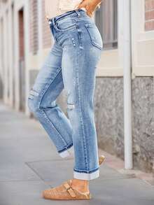 New Women's Fashion Stretch Ripped Slim Fit Jeans With Pockets - Elastic Straight Leg Denim Pants - Light Wash - View 4