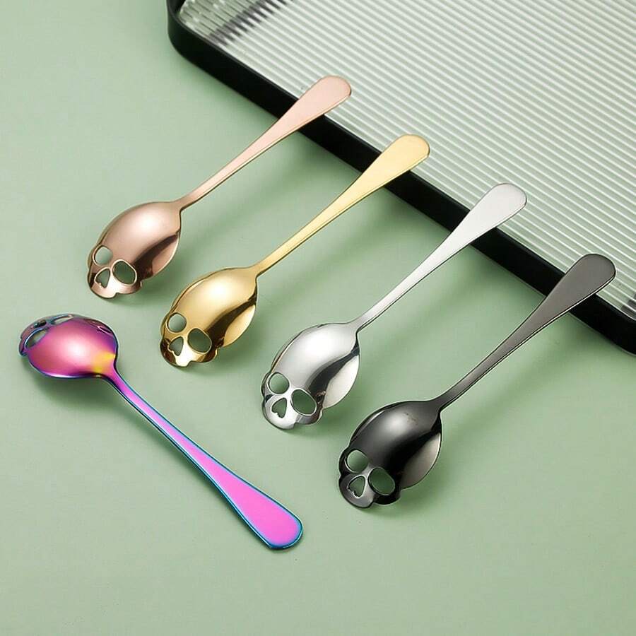 8pcs Stainless Steel Skull Shaped Coffee Spoon Set, Gold Halloween Coffee Stirrer, Cute 5.8" Small Mixing Spoons - Multicolor - View 1