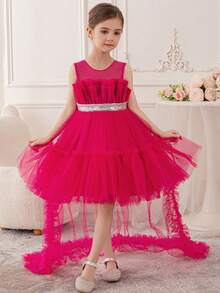 Young Girl's Elegant Butterfly Net Mesh Trailing Dress, Suitable For Graduation Party, Ceremony, Princess Gown - Hot Pink - View 6