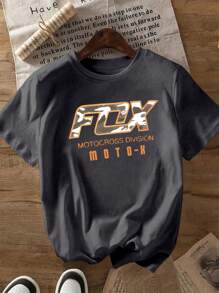 Camiseta de manga corta con cuello redondo, casual, con estampado de logo de texto mixto y camuflaje, adecuada para entusiastas de las motos y las carreras, camiseta casual de verano