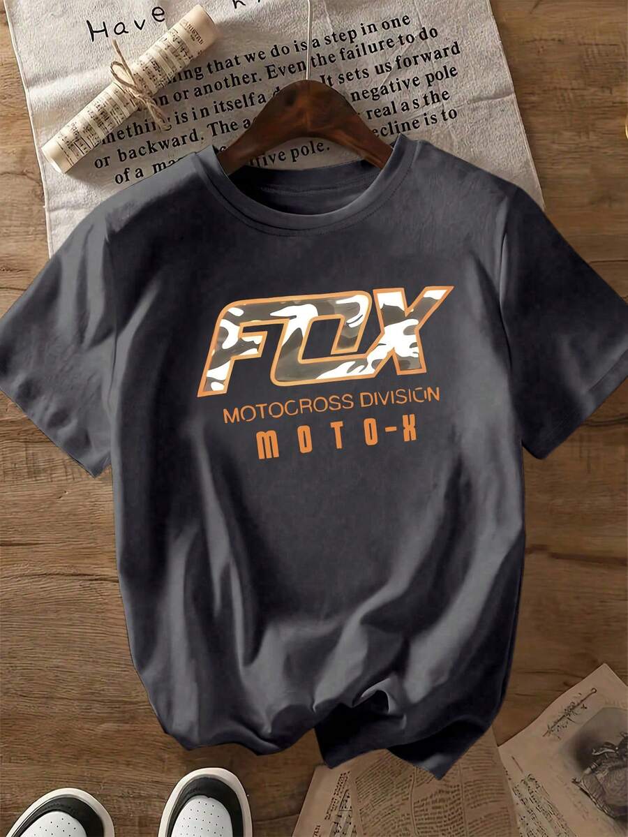 Camiseta de manga corta con cuello redondo, casual, con estampado de logo de texto mixto y camuflaje, adecuada para entusiastas de las motos y las carreras, camiseta casual de verano